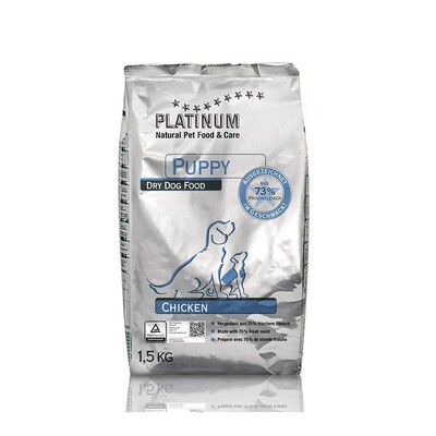 Saco de pienso seco Platinum Puppy Chicken para cachorros, con 73% de carne fresca de pollo. Formato de 1,5 kg
