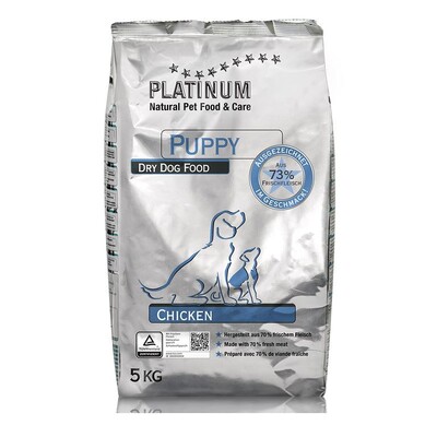 Saco de pienso seco Platinum Puppy Chicken para cachorros, con 73% de carne fresca de pollo. Formato de 5 kg.